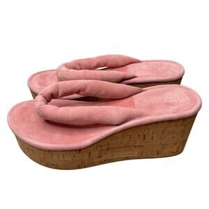 NEW Veronica Beard Pink Geno Suede Cork Wedge Puffy Thong Sandals, Size 7.5